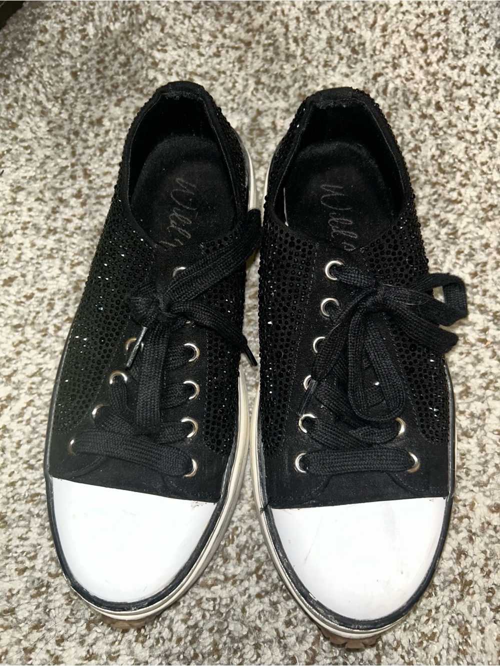 Wild Pair Black Rhinestone Lace-Up Sneakers with White Toe Caps